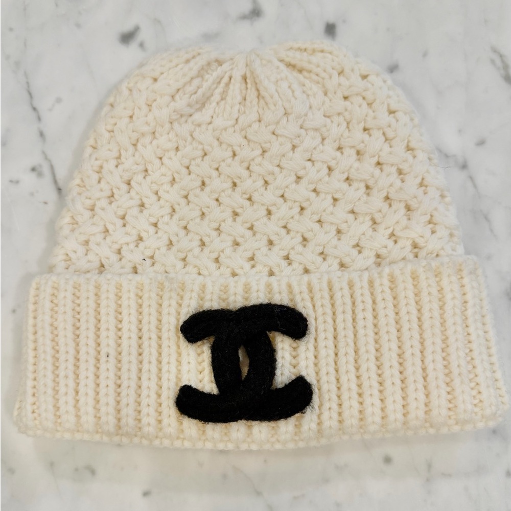 Ivory Knit Hat with Black Logo